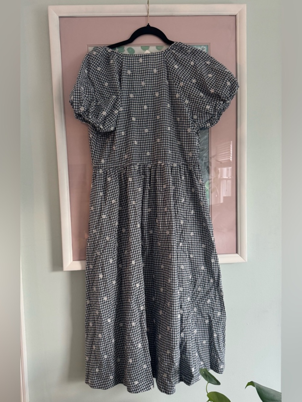 Madewell Black and White Gingham Midi Dress with Floral Dots - Picture 3 of 4